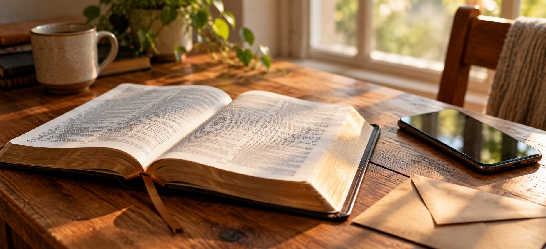 Open Bible next to a phone and a donation envelope