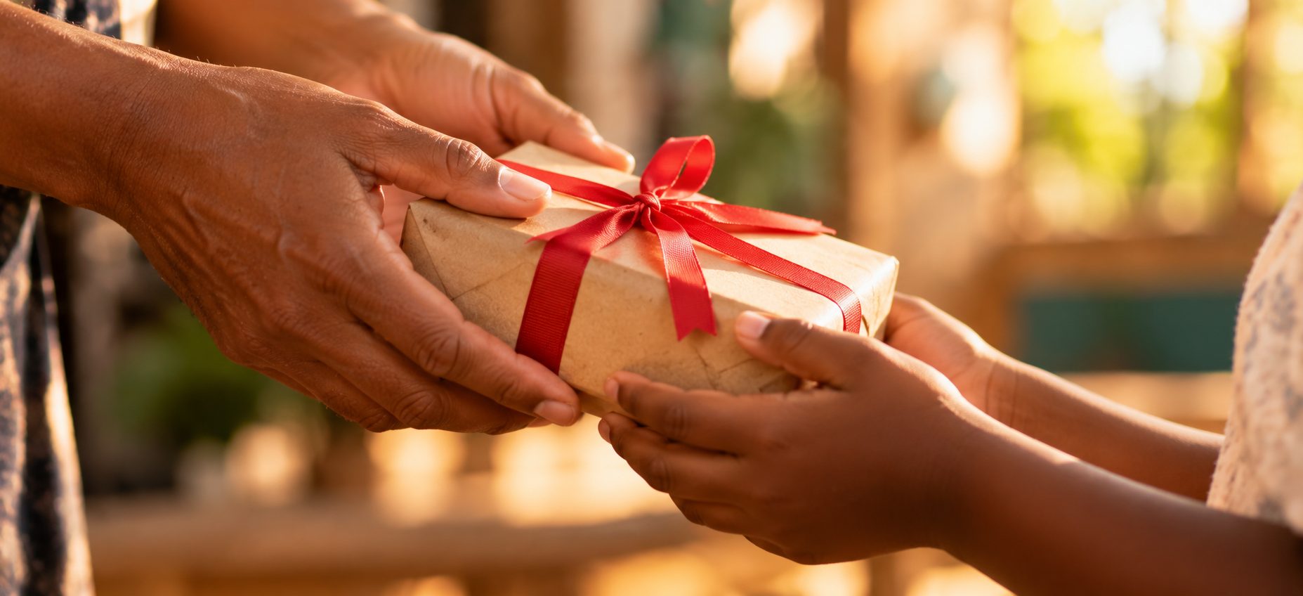 Adult hands giving a wrapped Christmas gift to a child