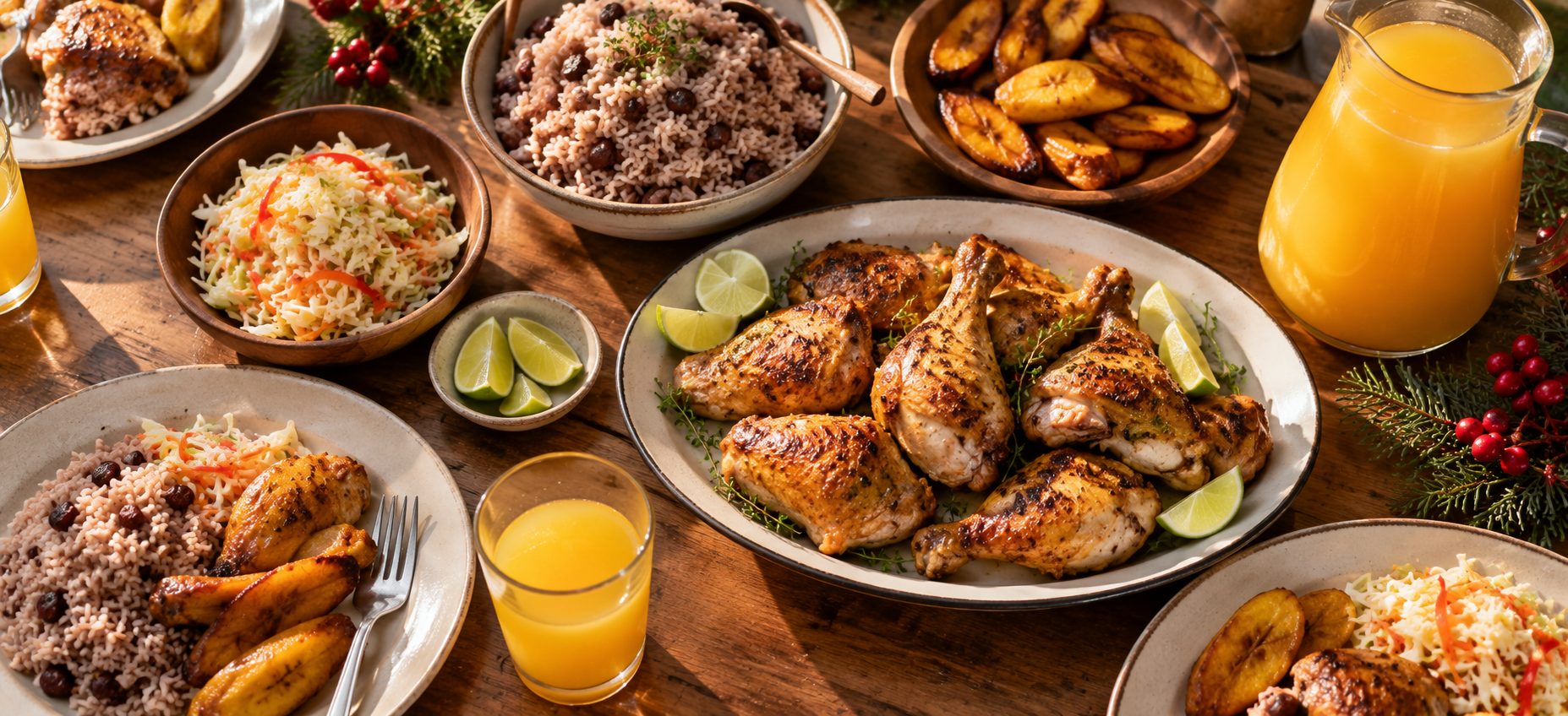 Festive Christmas meal with rice and beans, chicken and plantains