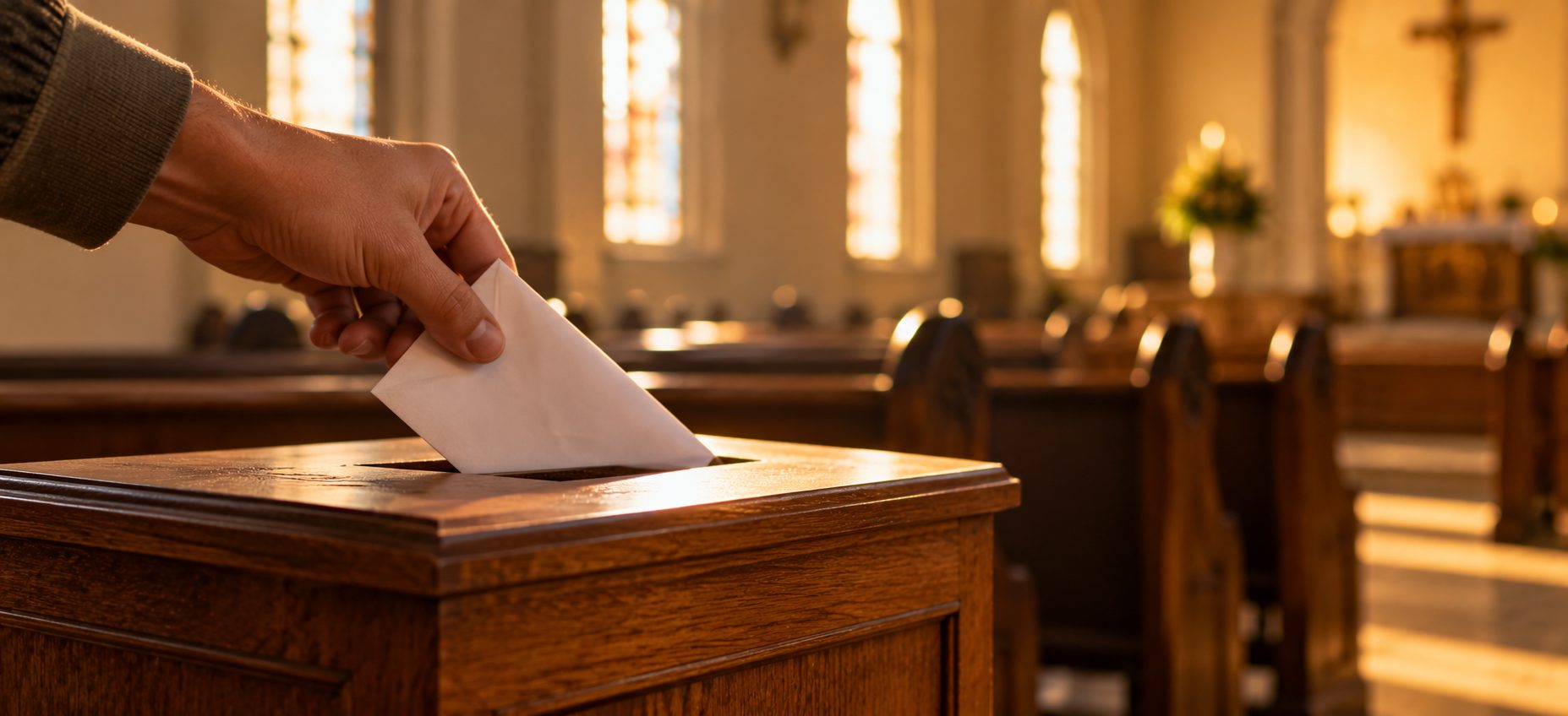 Hand placing a donation envelope into a church offering box