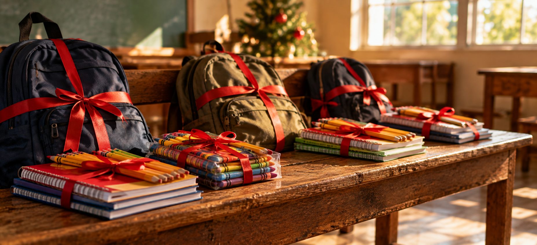 Backpacks and school supplies wrapped as Christmas gifts for children in Haiti